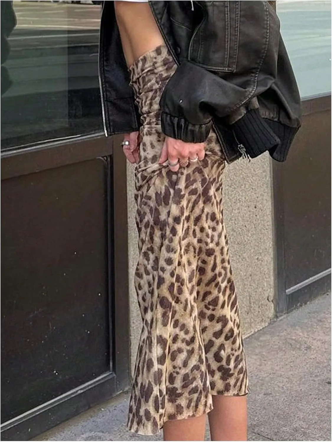 Women's Y2K Leopard Print Skirts Ruched Side Slit Maxi Skirt Mesh Sheer High Waisted Long Skirt Cheetah Bodycon Skirt