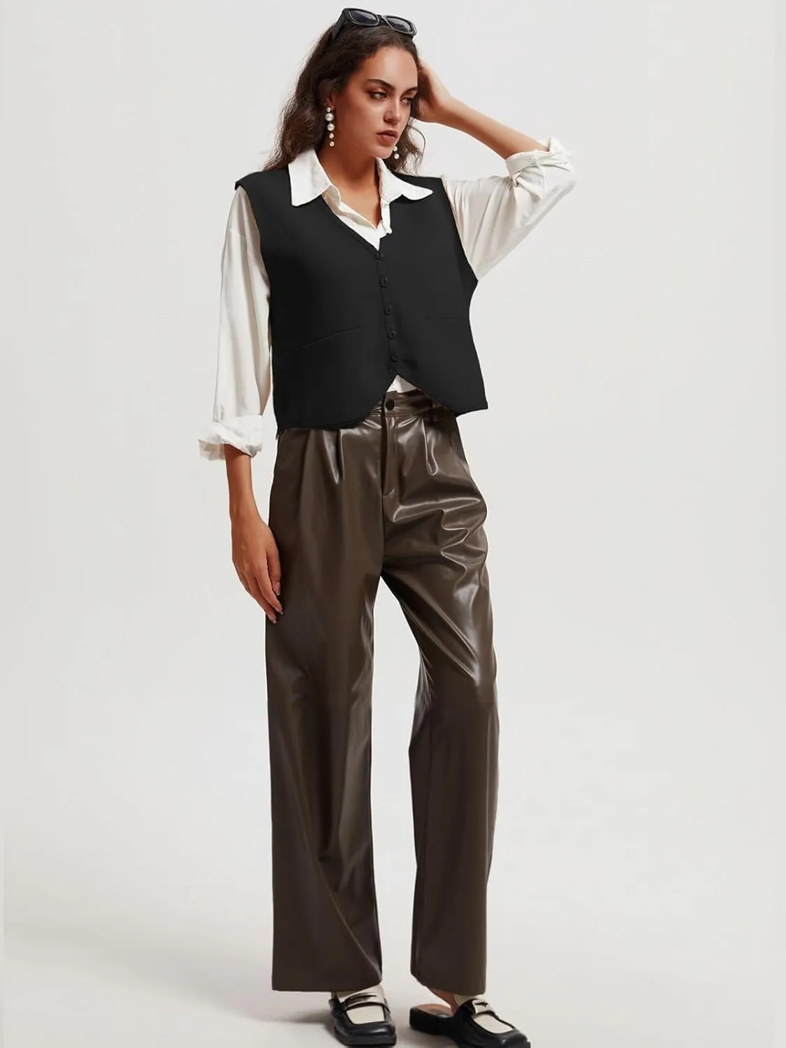 Wowcarbazole Women's Cropped Sweater Vest Sleeveless V Neck Button Down Casual Knit Cardigan Vest Trendy Knitted Tank Tops