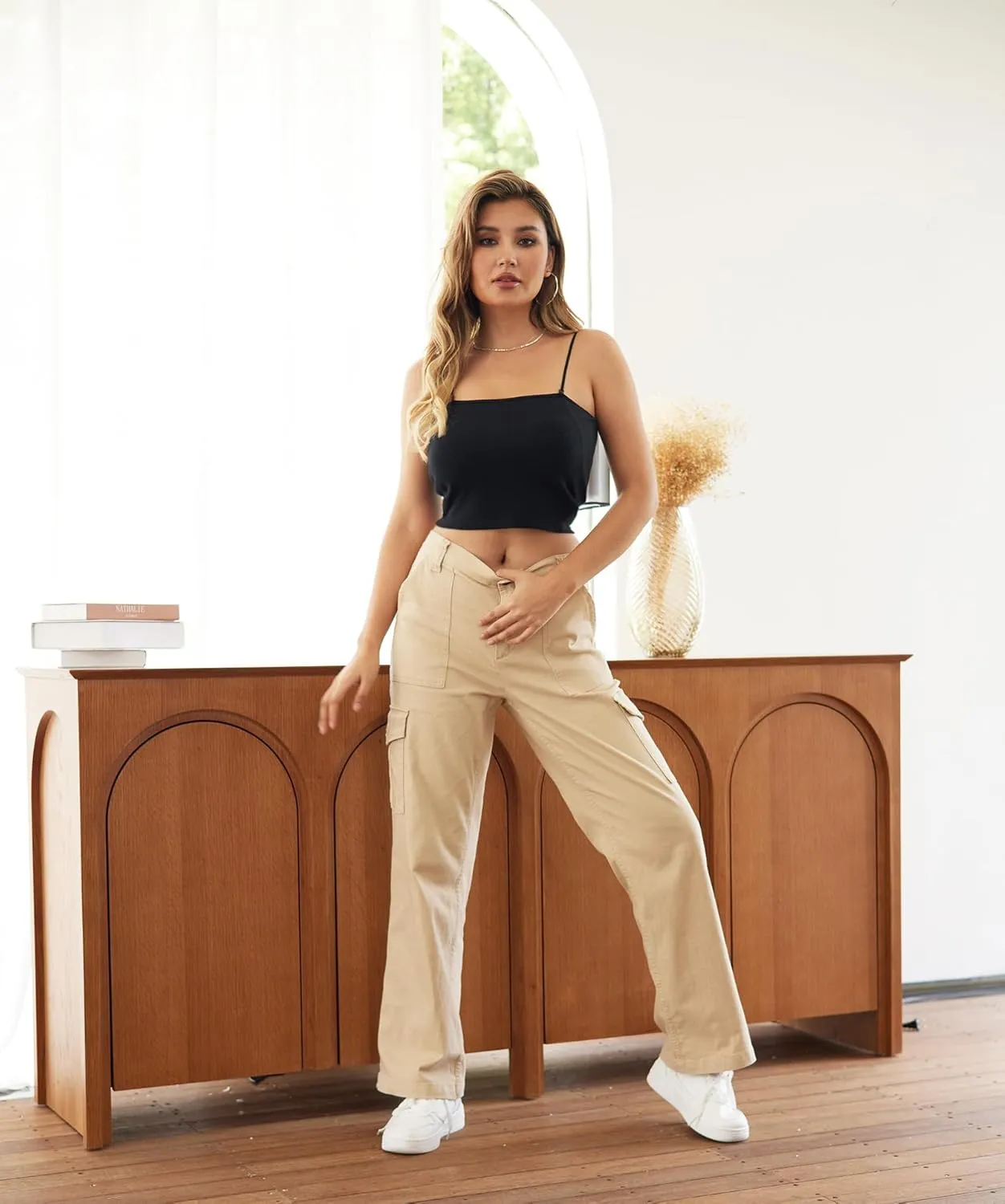 WULFUL Cargo Pants for Women High Waisted Casual Pants Straight Stretchy Wide Leg Y2K Streetwear with 6 Pockets