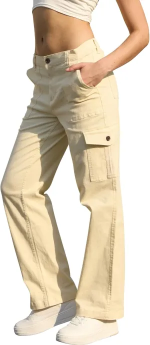 WULFUL Cargo Pants for Women High Waisted Casual Pants Straight Stretchy Wide Leg Y2K Streetwear with 6 Pockets