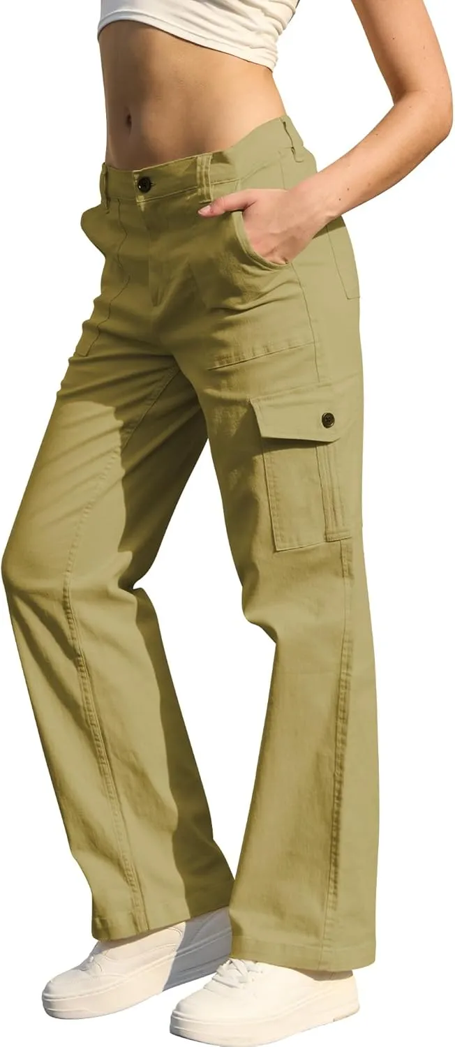 WULFUL Cargo Pants for Women High Waisted Casual Pants Straight Stretchy Wide Leg Y2K Streetwear with 6 Pockets