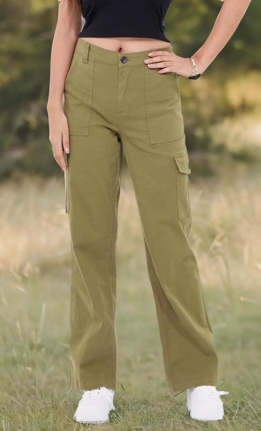 WULFUL Cargo Pants for Women High Waisted Casual Pants Straight Stretchy Wide Leg Y2K Streetwear with 6 Pockets