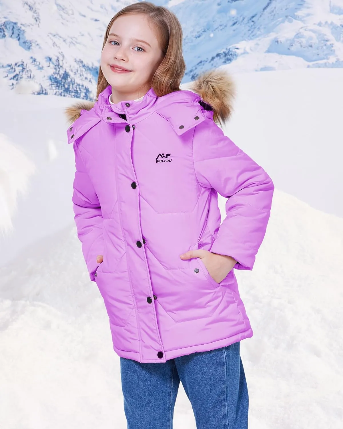 WULFUL Girl's Winter Coats Outerwear Down Puffer Jacket Waterproof with Warm Fur Hood