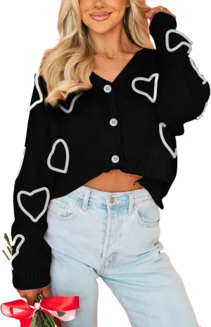Wyeysyt Valentine Heart Sweater Cardigan for Women Cropped Knit Sweater Cute Button Down V Neck Cardigan