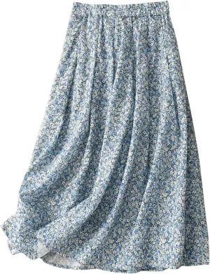 Xiaojmake Flowy Bohemian Skirt for Women Midi Length Elastic High Waist Ruffle A-Line Beach Skirt with Pockets 2024 Trendy