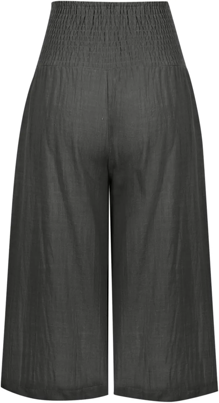 Xiaojmake Womens Linen Capri Pants Casual Cropped Pants Elastic Waist Summer Trousers 3/4 Length Sports Pants with Pockets
