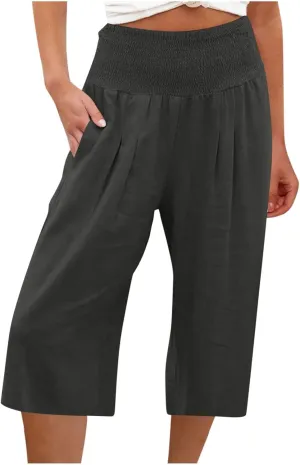 Xiaojmake Womens Linen Capri Pants Casual Cropped Pants Elastic Waist Summer Trousers 3/4 Length Sports Pants with Pockets
