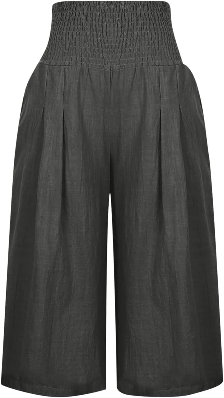 Xiaojmake Womens Linen Capri Pants Casual Cropped Pants Elastic Waist Summer Trousers 3/4 Length Sports Pants with Pockets