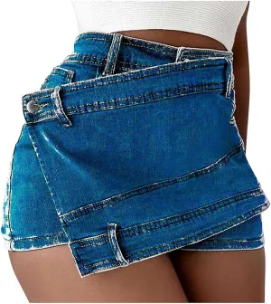 XUNRYAN Women's Summer Ripped High Waisted Distressed Denim Shorts Sexy Mini Skirts 2 in 1 Skorts Beach Vacation Outfits
