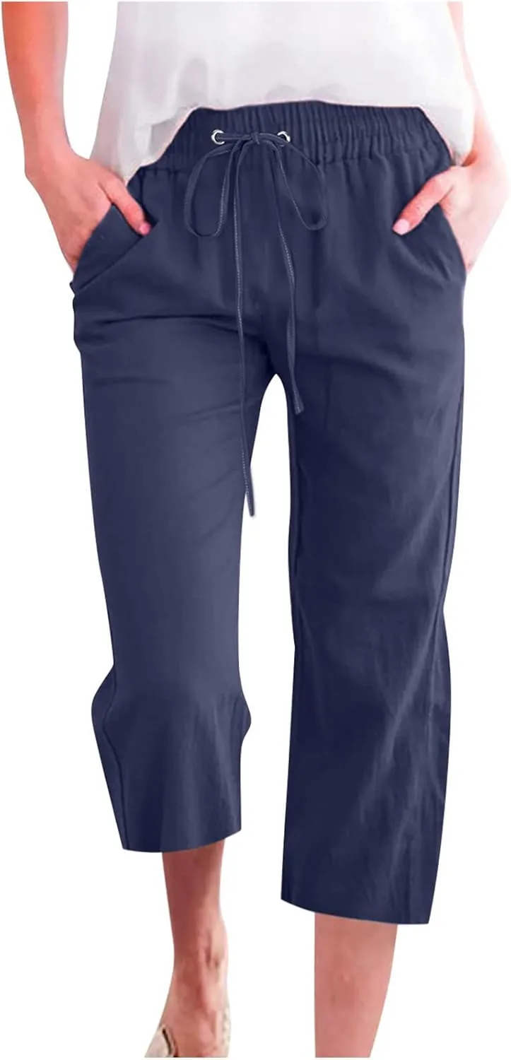 yardsong Linen Capris for Women Summer Casual Loose Fit Cropped Pants Drawstring Elastic Waist Lounge Pant with Pockets