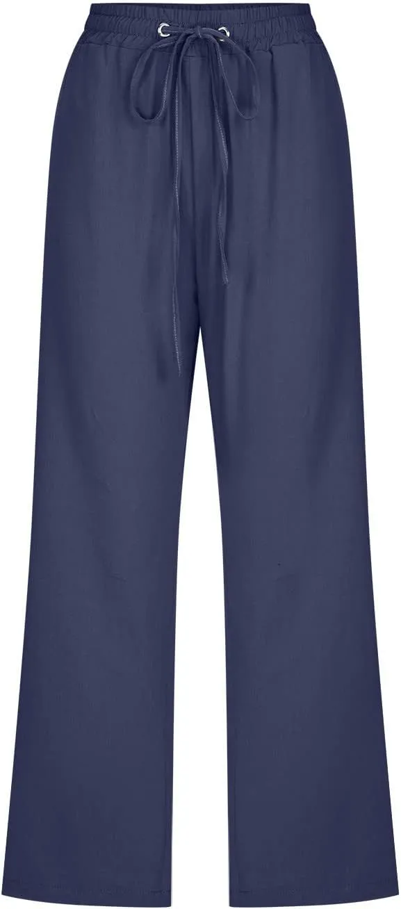 yardsong Linen Capris for Women Summer Casual Loose Fit Cropped Pants Drawstring Elastic Waist Lounge Pant with Pockets