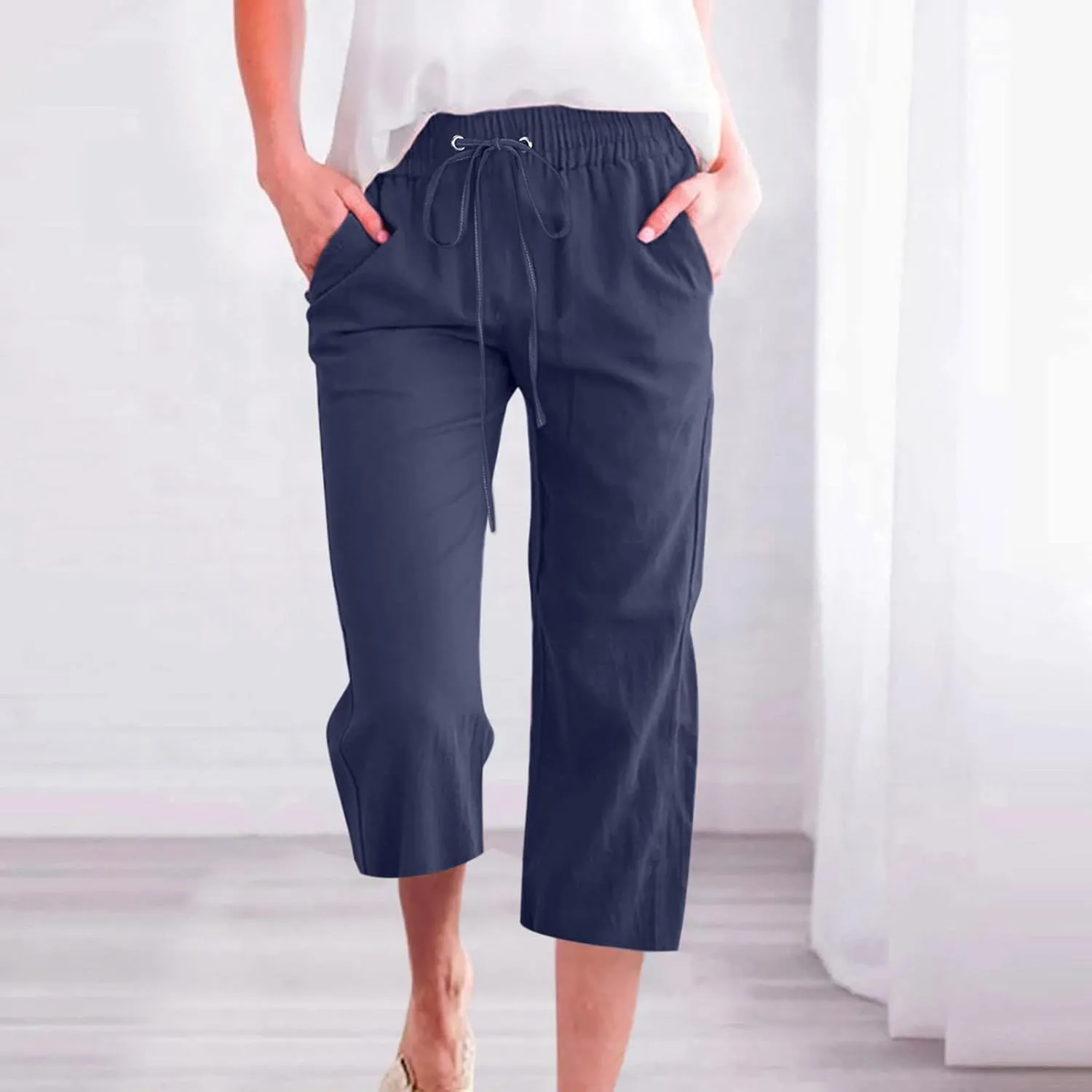 yardsong Linen Capris for Women Summer Casual Loose Fit Cropped Pants Drawstring Elastic Waist Lounge Pant with Pockets