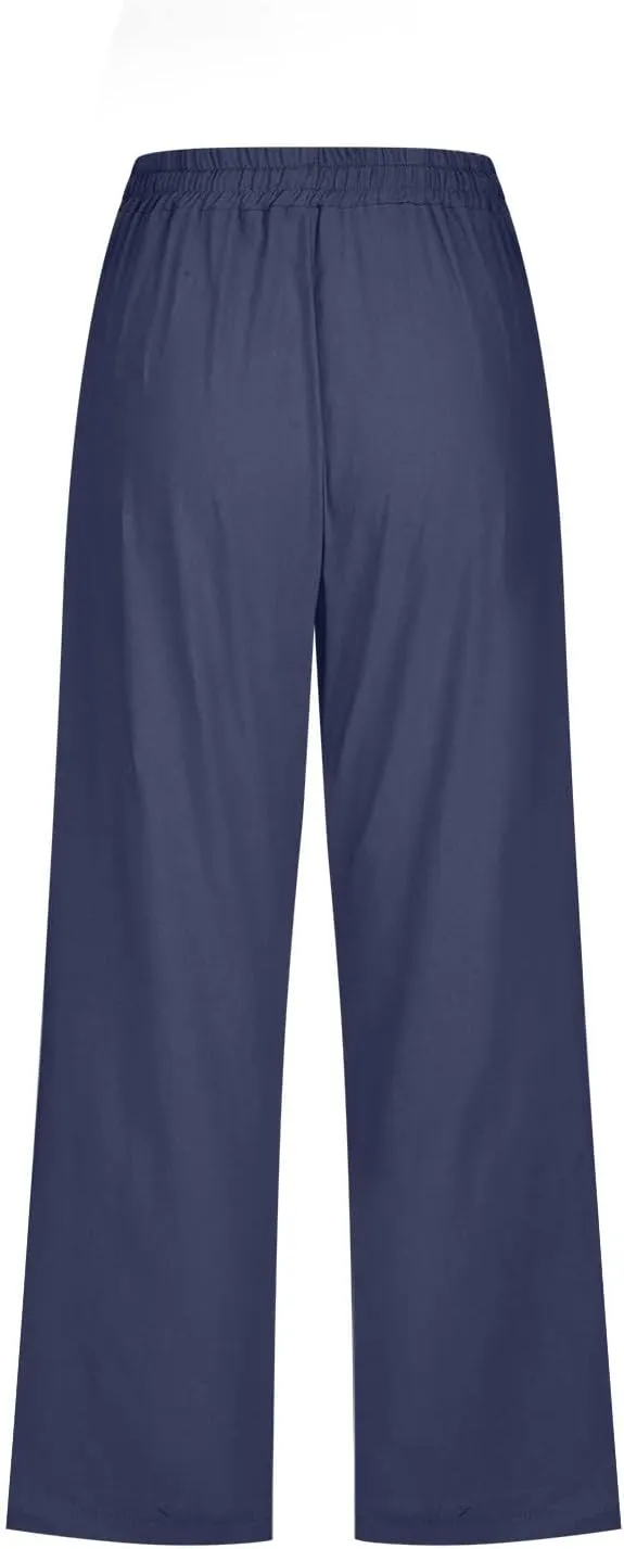 yardsong Linen Capris for Women Summer Casual Loose Fit Cropped Pants Drawstring Elastic Waist Lounge Pant with Pockets
