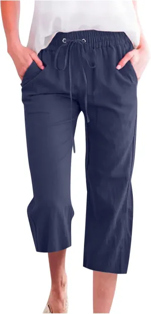 yardsong Linen Capris for Women Summer Casual Loose Fit Cropped Pants Drawstring Elastic Waist Lounge Pant with Pockets