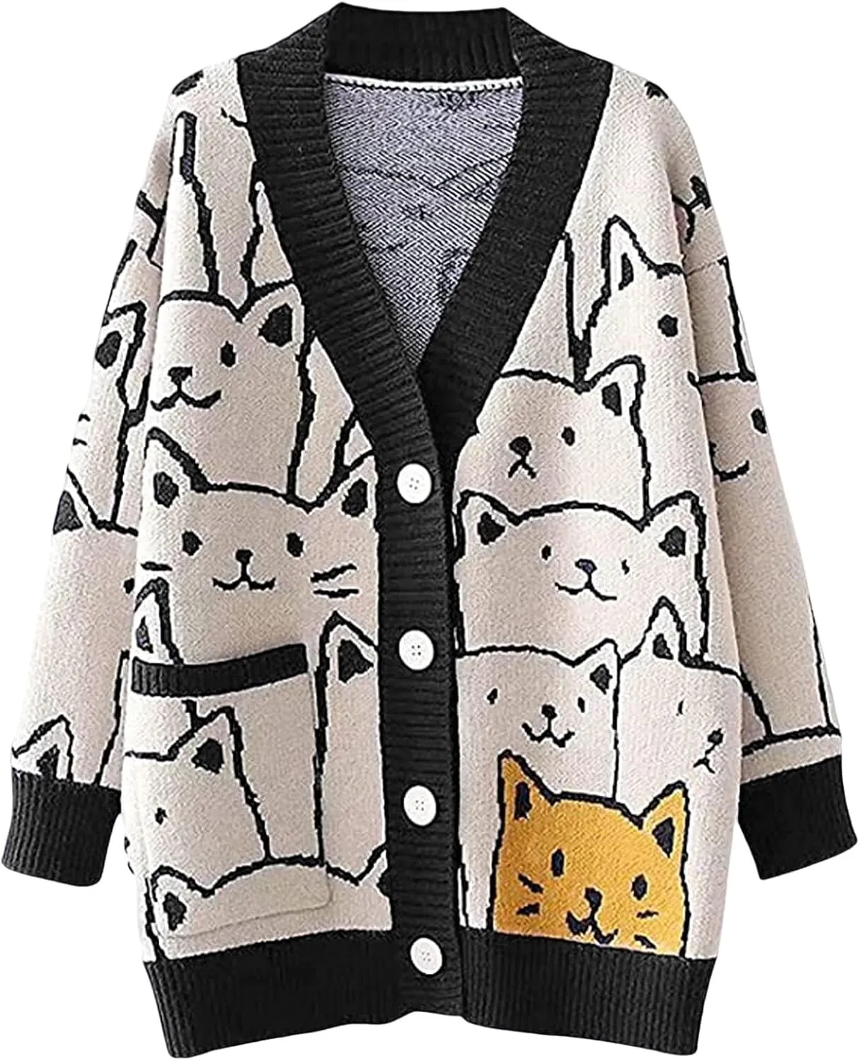 Yimoon Women's Kawaii Cat Cardigan Sweater Oversized V-Neck Button Down Knitted Loose Fit Cardigans