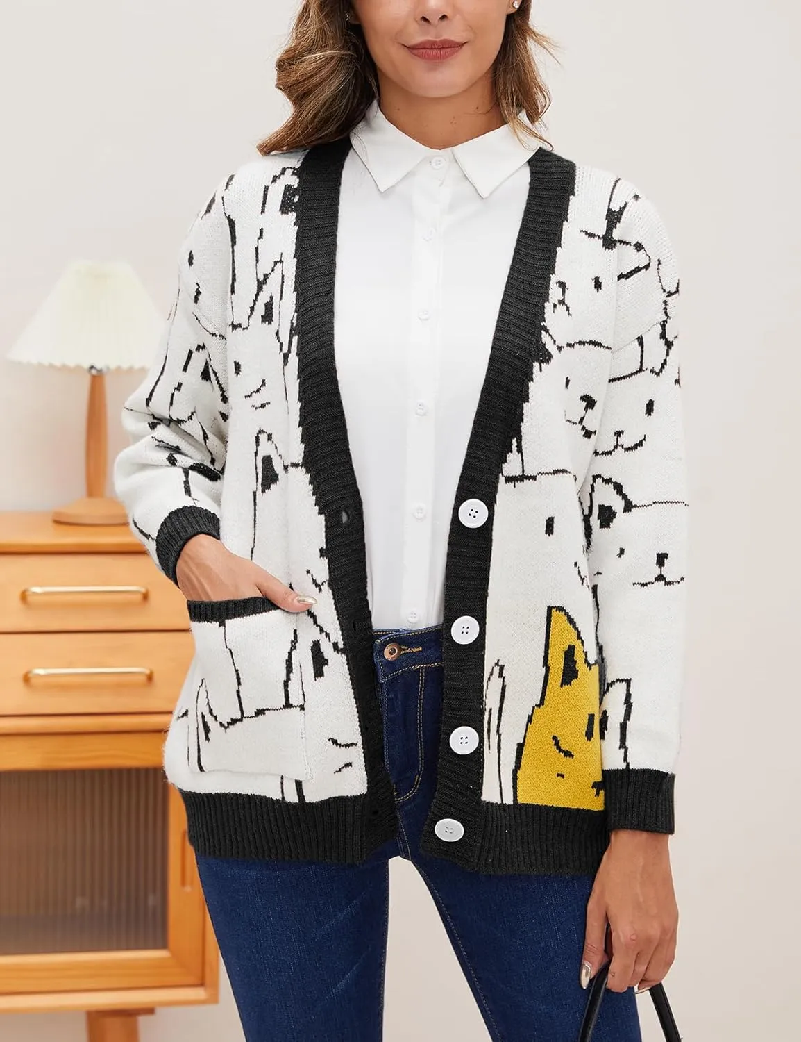 Yimoon Women's Kawaii Cat Cardigan Sweater Oversized V-Neck Button Down Knitted Loose Fit Cardigans