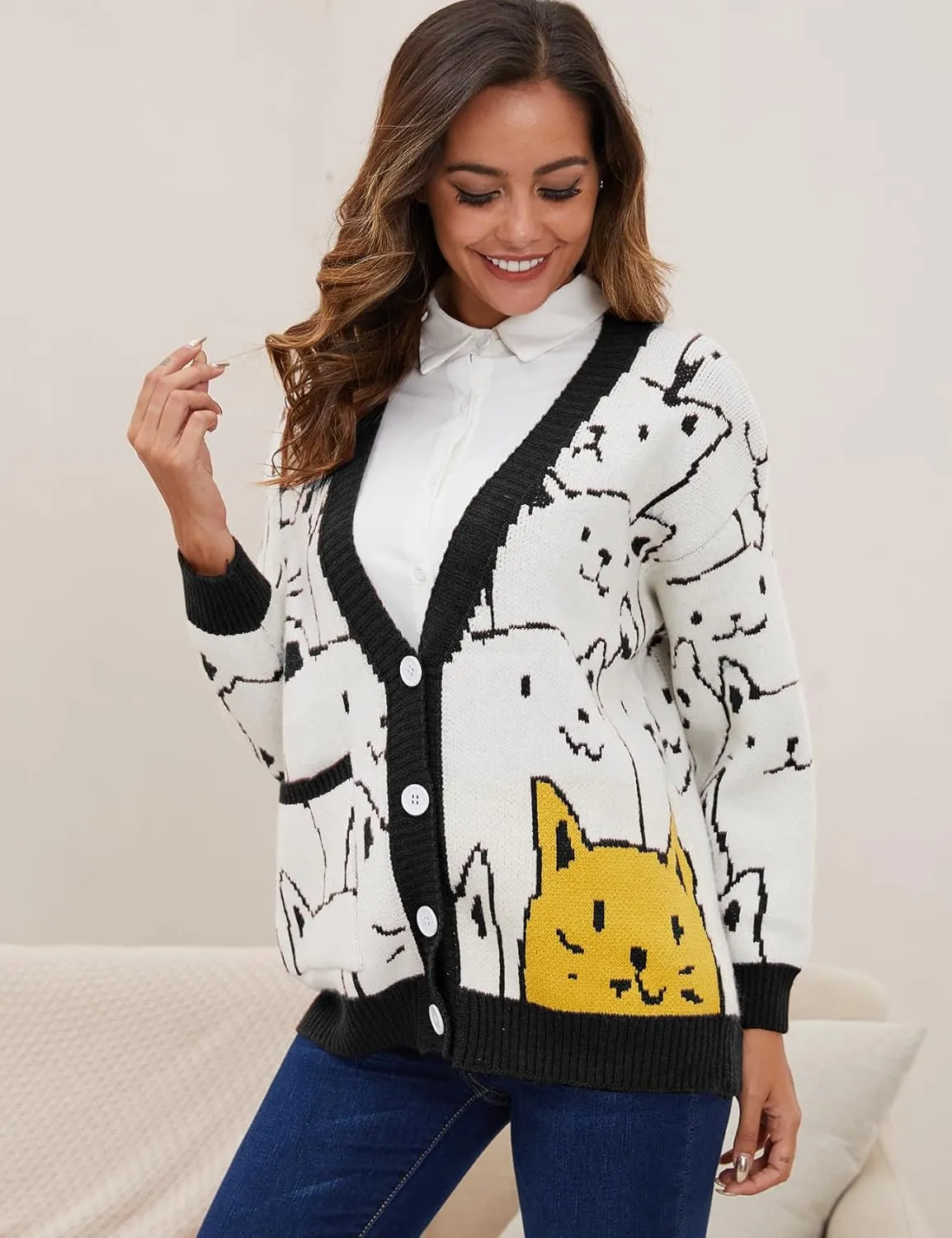 Yimoon Women's Kawaii Cat Cardigan Sweater Oversized V-Neck Button Down Knitted Loose Fit Cardigans