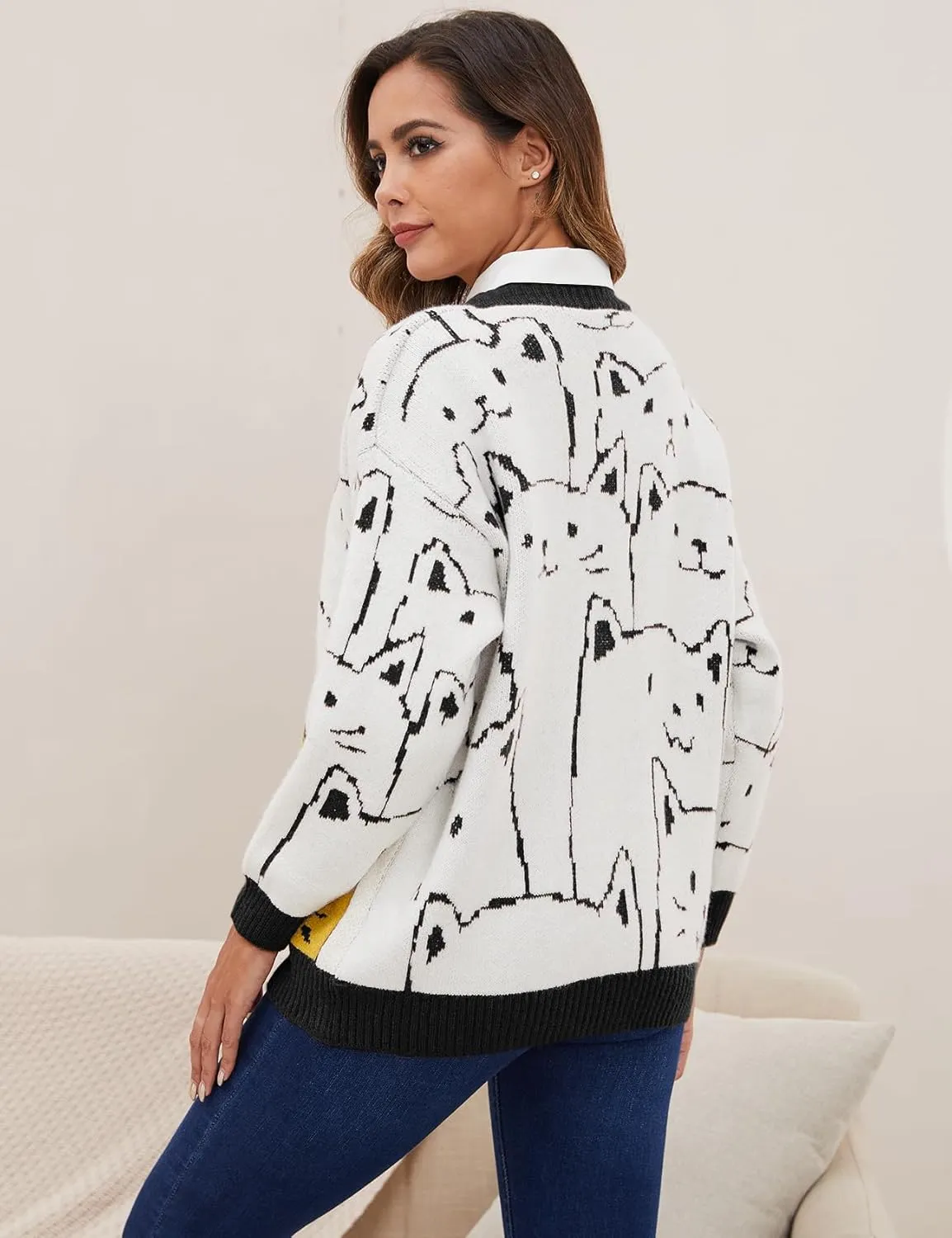 Yimoon Women's Kawaii Cat Cardigan Sweater Oversized V-Neck Button Down Knitted Loose Fit Cardigans