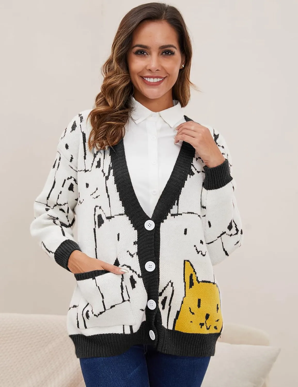 Yimoon Women's Kawaii Cat Cardigan Sweater Oversized V-Neck Button Down Knitted Loose Fit Cardigans