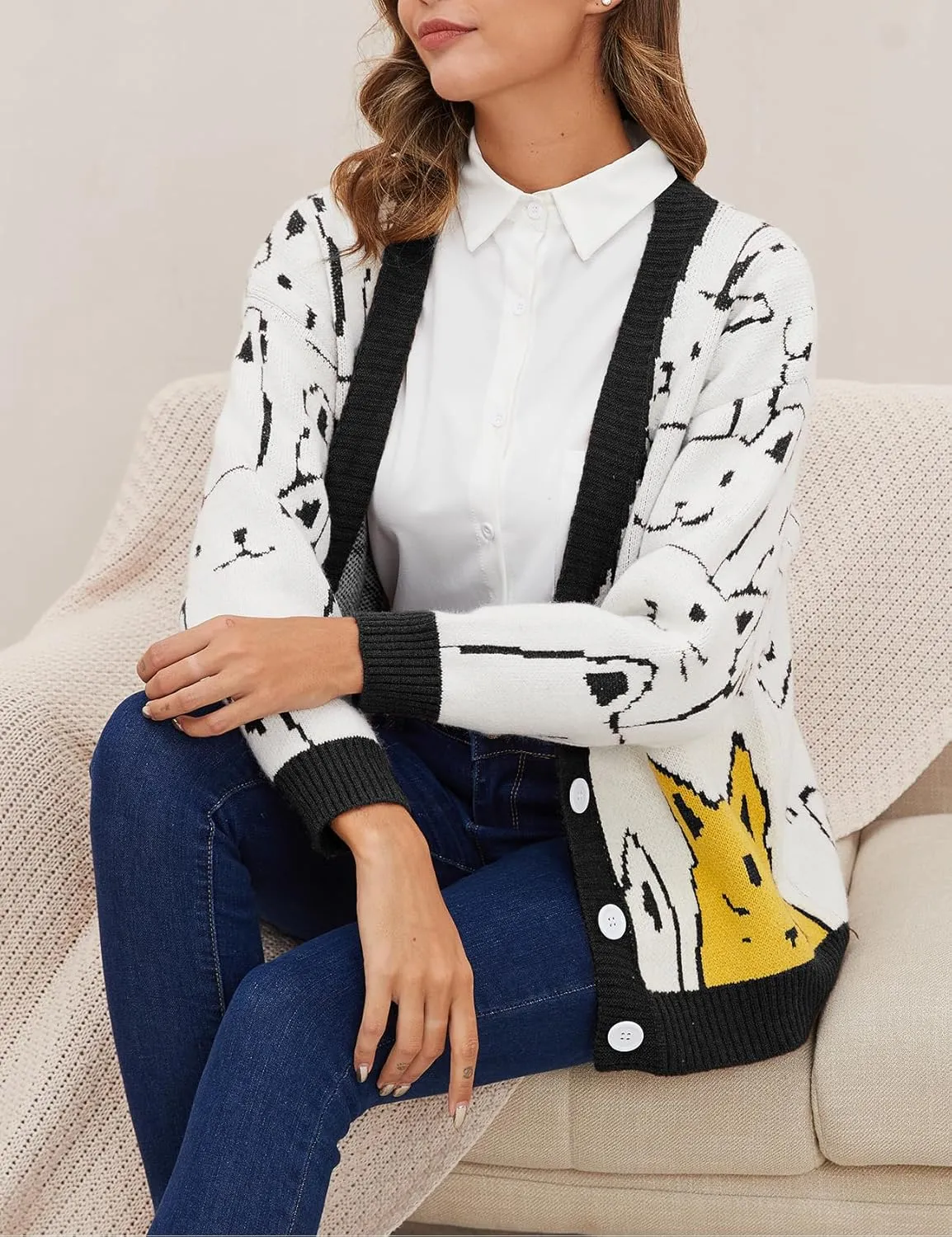 Yimoon Women's Kawaii Cat Cardigan Sweater Oversized V-Neck Button Down Knitted Loose Fit Cardigans