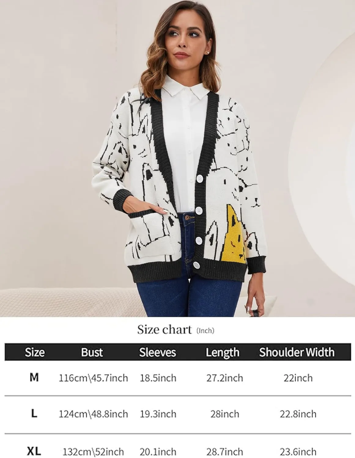 Yimoon Women's Kawaii Cat Cardigan Sweater Oversized V-Neck Button Down Knitted Loose Fit Cardigans