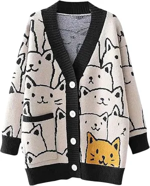 Yimoon Women's Kawaii Cat Cardigan Sweater Oversized V-Neck Button Down Knitted Loose Fit Cardigans