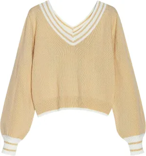 ZAFUL Women's Raglan Long Sleeve Double Side V Neck Short Sweater Casual Solid Cropped Knit Top Pullovers