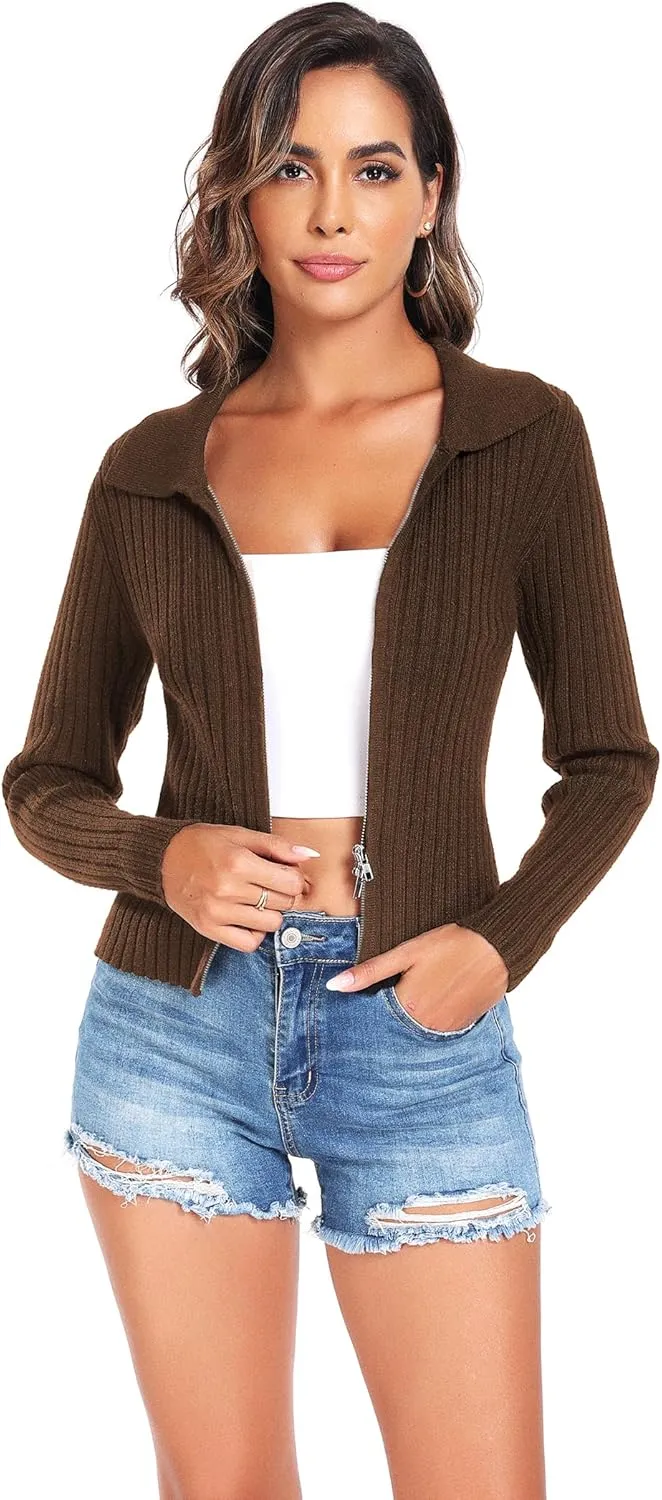ZAFUL Women's Zip Up Sweater Long Sleeve Polo V Neck Ribbed Knit Slim Cropped Sweater Pullover Jumper Tops