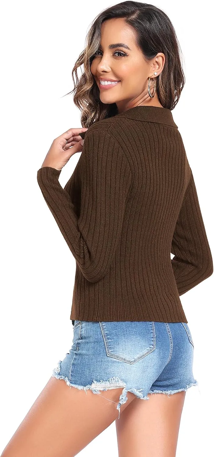 ZAFUL Women's Zip Up Sweater Long Sleeve Polo V Neck Ribbed Knit Slim Cropped Sweater Pullover Jumper Tops