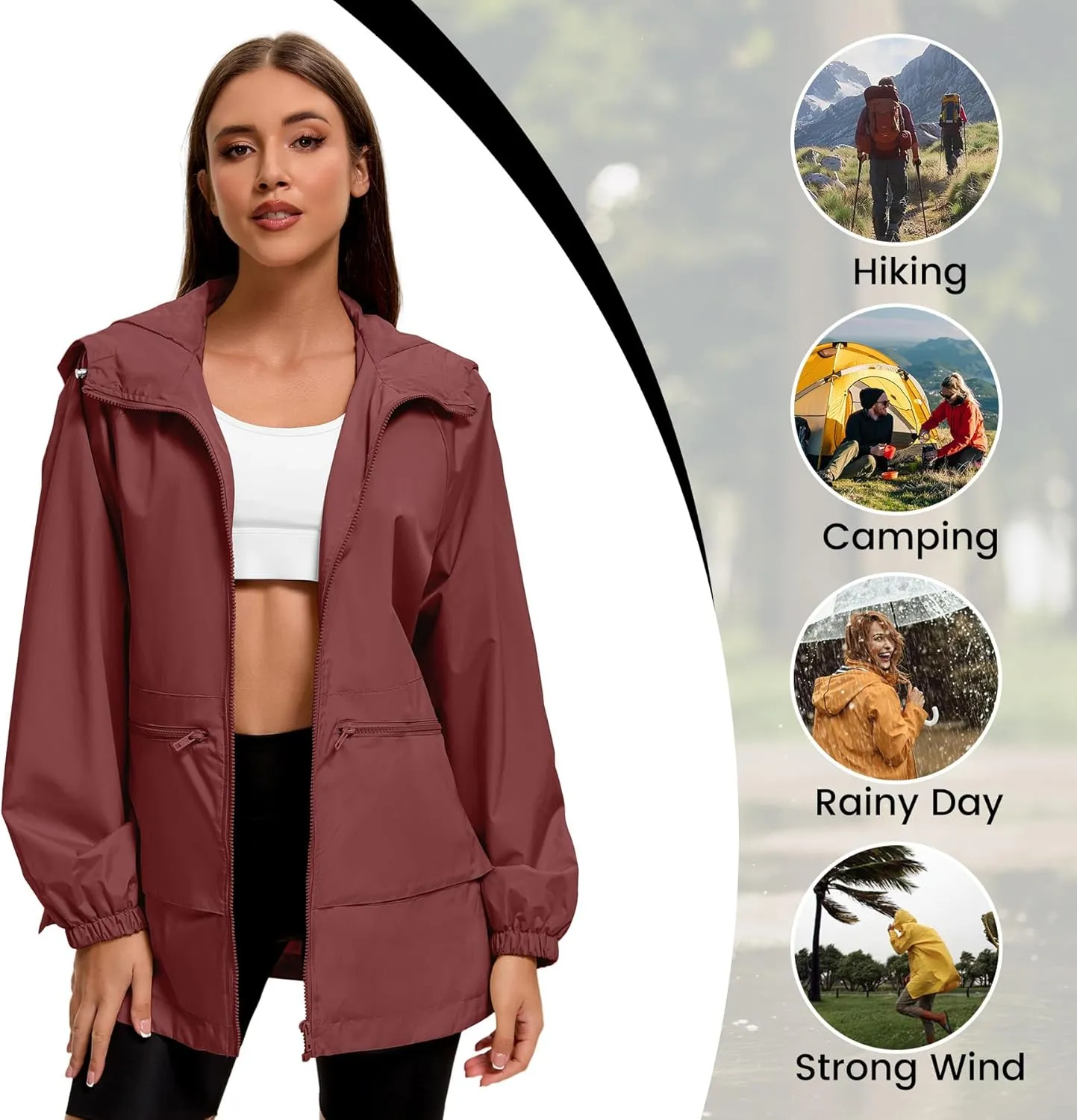 Zando Rain Jacket for Women Waterproof Lightweight Raincoat with Hood Packable Windbreaker with Pockets for Outdoor