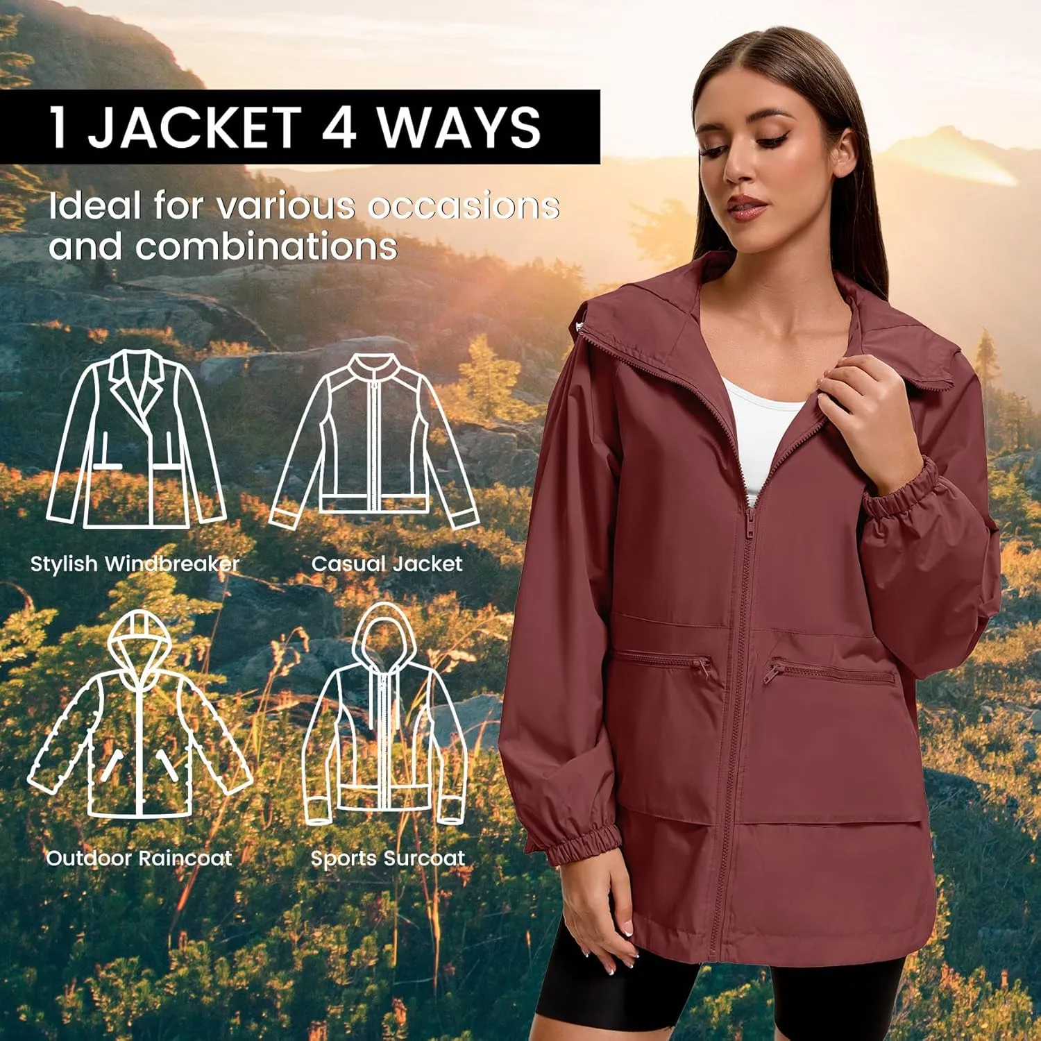 Zando Rain Jacket for Women Waterproof Lightweight Raincoat with Hood Packable Windbreaker with Pockets for Outdoor