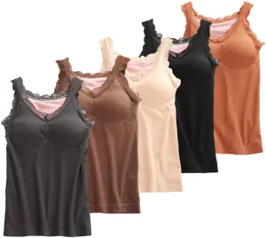 Zcargel 5PCS Womens Vest V-Neck Thickened Fleece-Lined Camisole Vest Warm Breathable 2-in-1 Built-in Bra Thermal Underwear