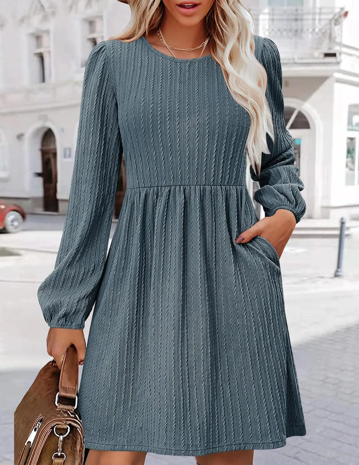 Zeagoo Women's Casual Knit Sweater Dress with Pockets Crew Neck Long Sleeve A-Line Dresses for Women 2024 Fall Dresses