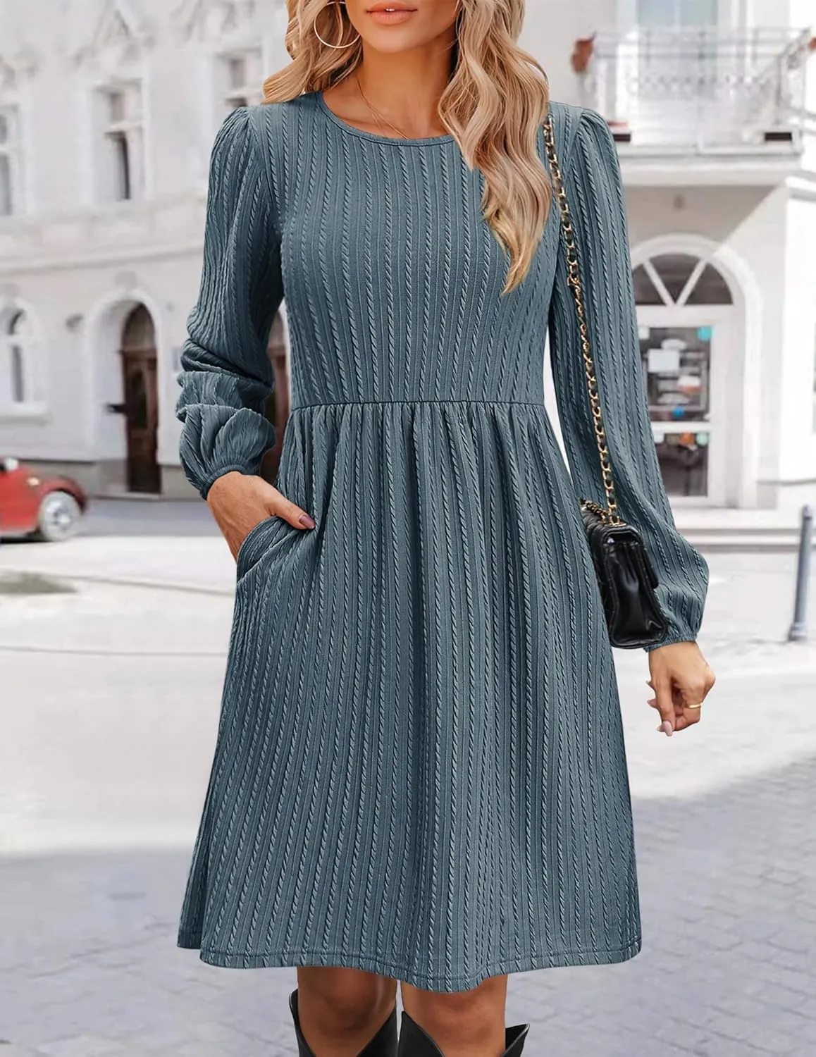 Zeagoo Women's Casual Knit Sweater Dress with Pockets Crew Neck Long Sleeve A-Line Dresses for Women 2024 Fall Dresses