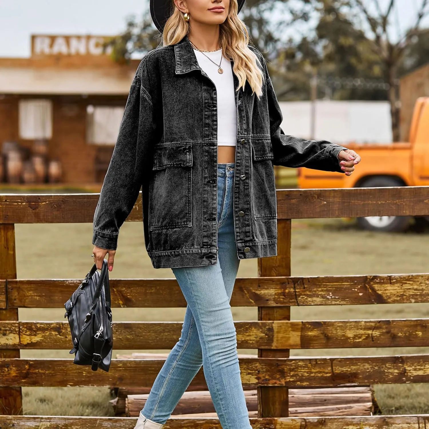 Zontroldy Oversized Denim Jakcet for Women Classic Lapel Long Sleeve Denim Jean Shakcet Jacket with Pockets