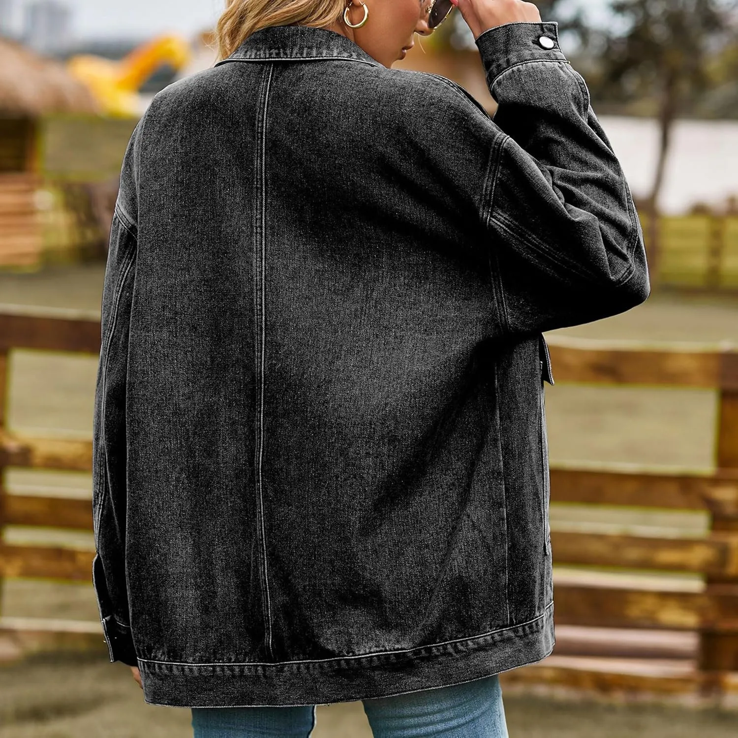 Zontroldy Oversized Denim Jakcet for Women Classic Lapel Long Sleeve Denim Jean Shakcet Jacket with Pockets