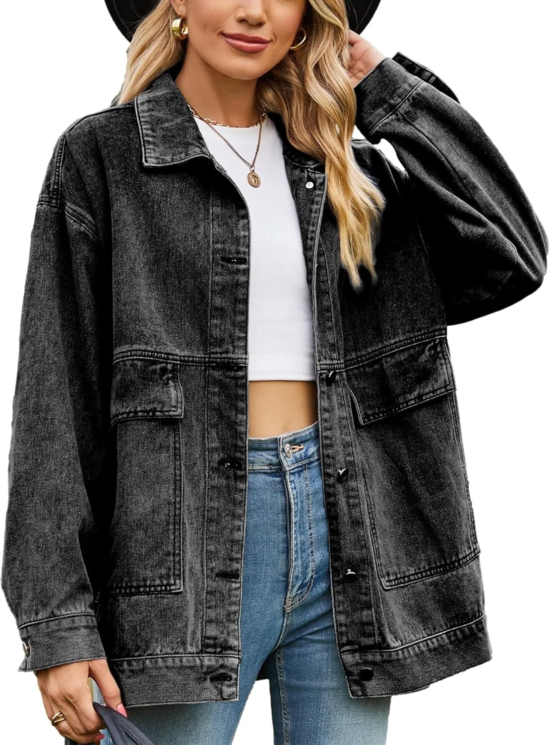 Zontroldy Oversized Denim Jakcet for Women Classic Lapel Long Sleeve Denim Jean Shakcet Jacket with Pockets