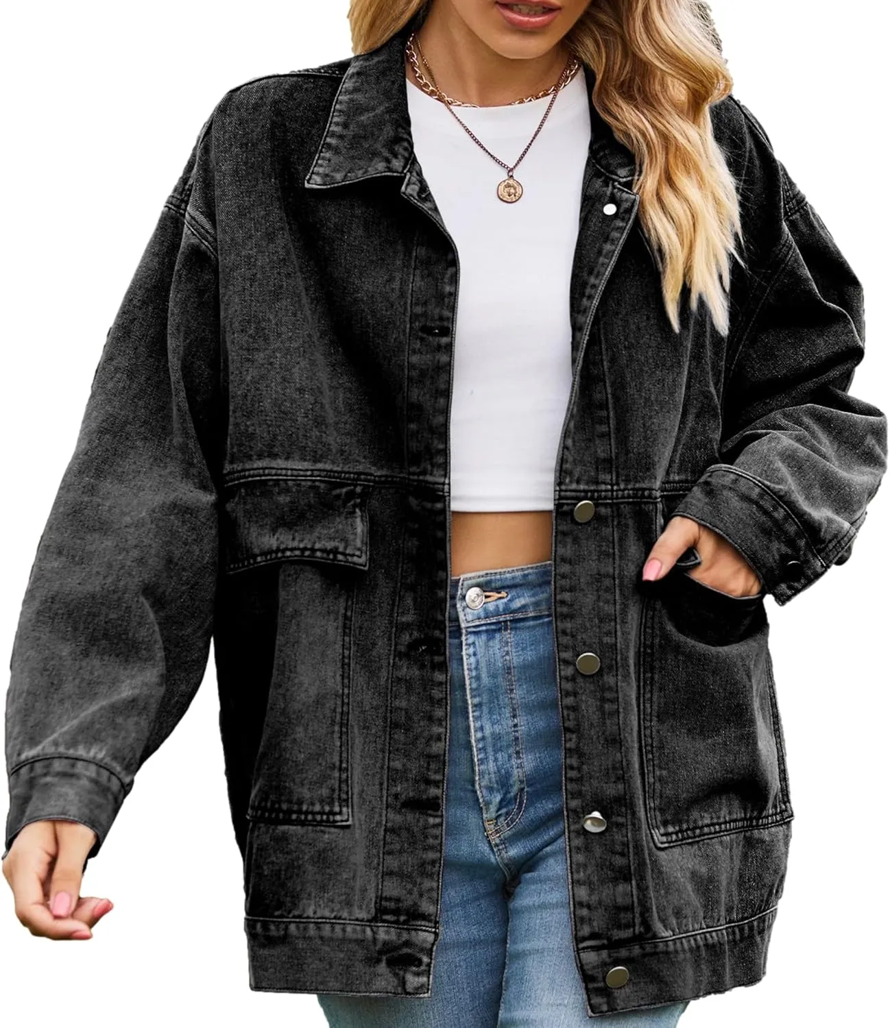 Zontroldy Oversized Denim Jakcet for Women Classic Lapel Long Sleeve Denim Jean Shakcet Jacket with Pockets