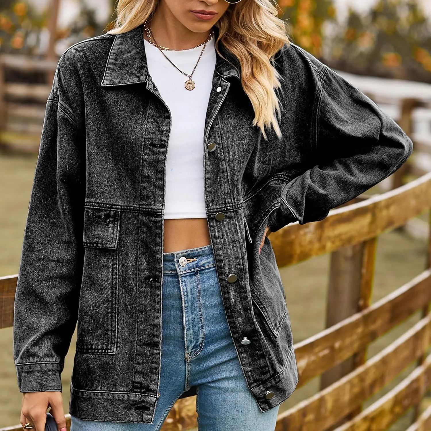 Zontroldy Oversized Denim Jakcet for Women Classic Lapel Long Sleeve Denim Jean Shakcet Jacket with Pockets