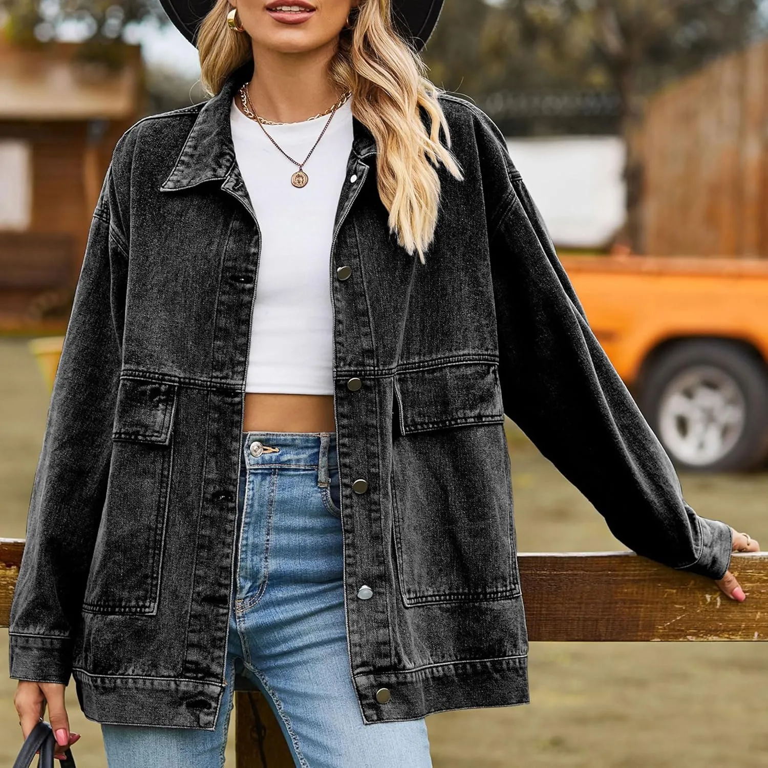 Zontroldy Oversized Denim Jakcet for Women Classic Lapel Long Sleeve Denim Jean Shakcet Jacket with Pockets