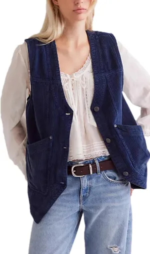 Zontroldy Women's Vintage V Neck Corduroy Vests Sleeveless Button Down Cardigan Outerwear with Pockets