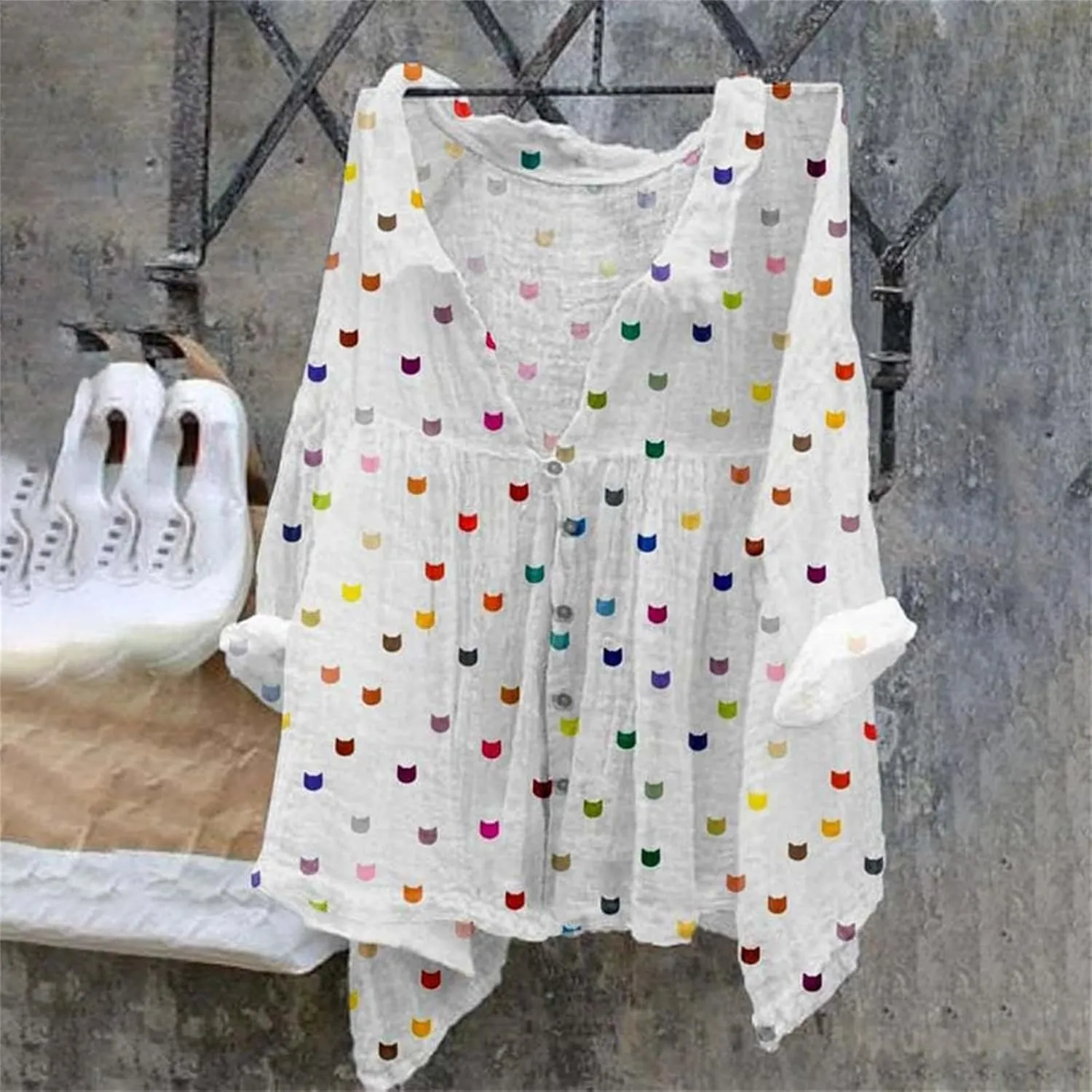 ZYXTIM Women Cotton Linen Floral Print 3/4 Sleeve Tunic Shirt Plus Size Loose Lightweight Casual V Neck Peasant Summer Tops